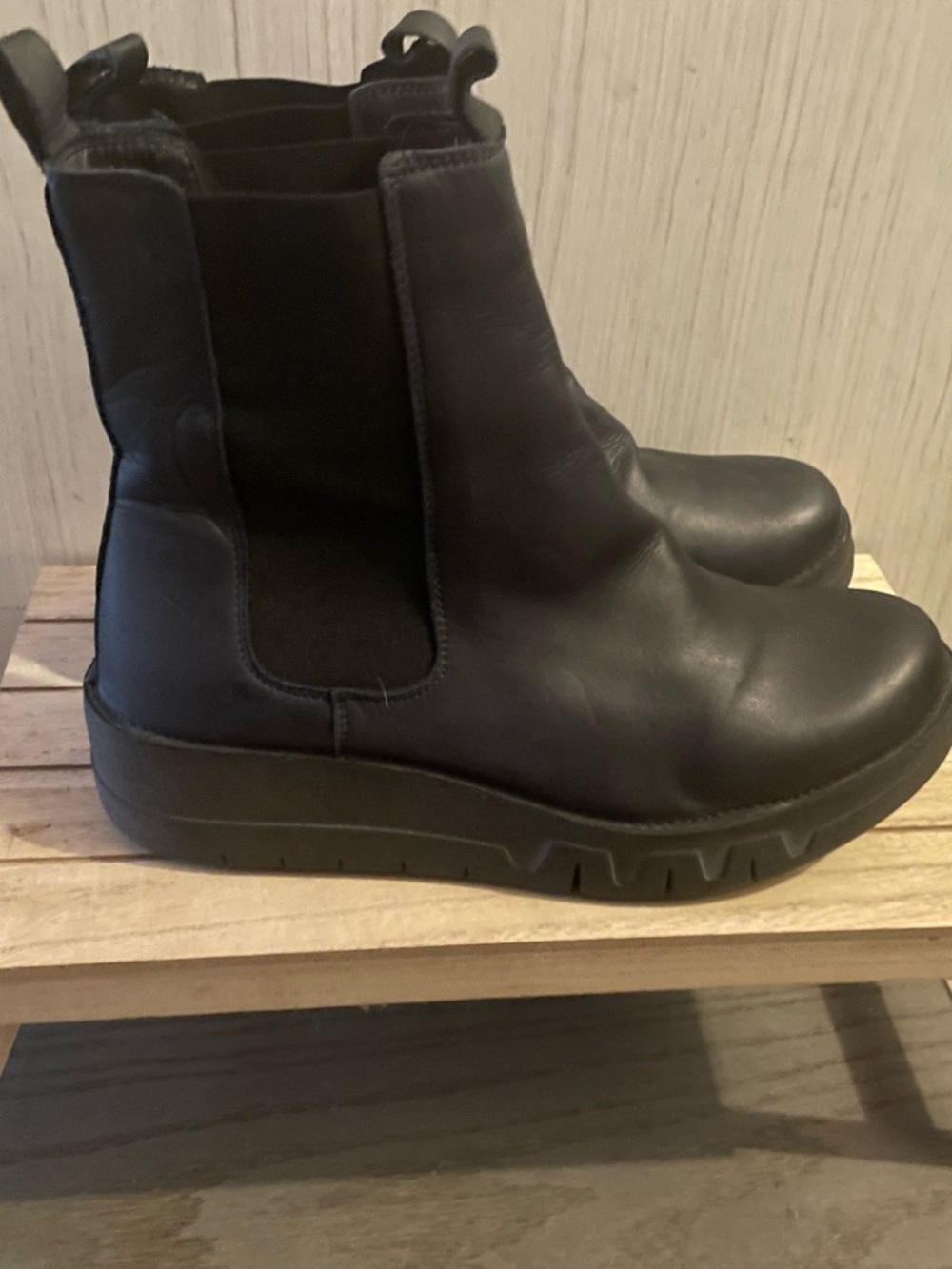 Miz Mooz Black Leather Chelsea Platform Booties with Pull Tabs